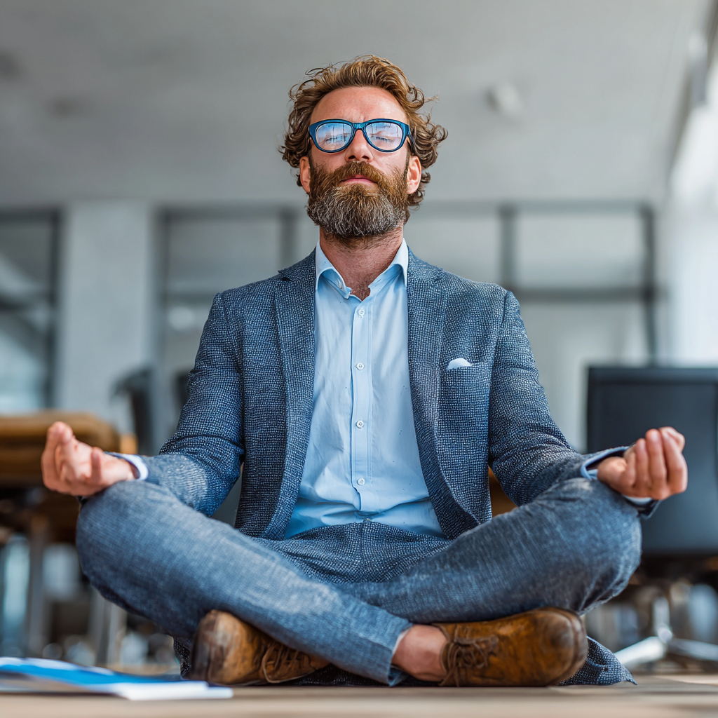 Confident businessman in meditation pose showing mental strength and discipline in professional office setting