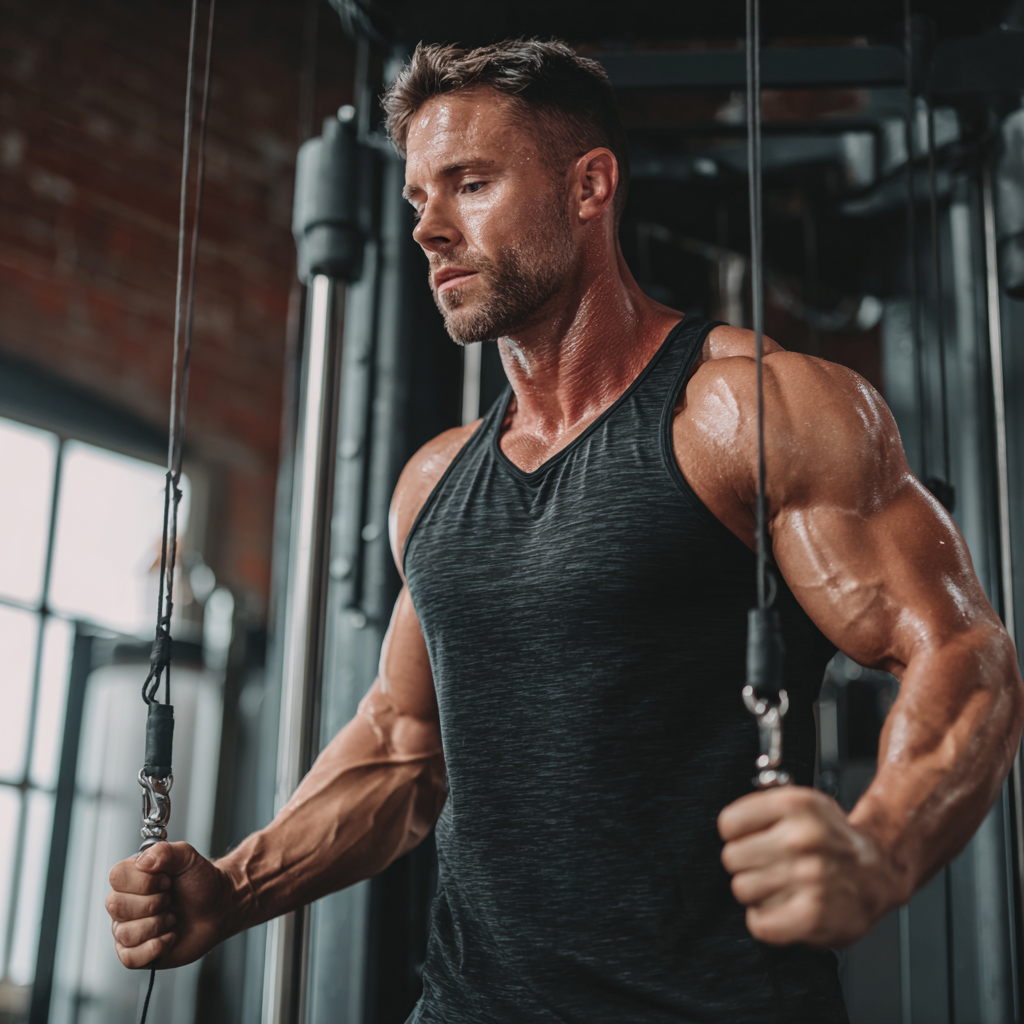 Strong athletic man performing compound exercise with focus and determination in modern gym environment